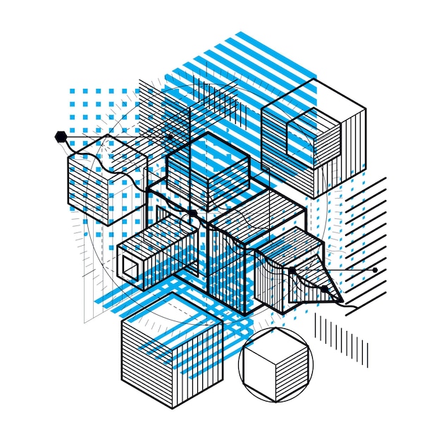 Abstract design with 3d linear mesh shapes and figures, vector isometric background. Cubes, hexagons, squares, rectangles and different abstract elements.