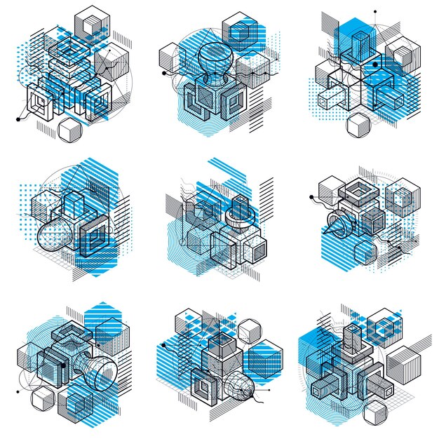 Abstract designs with 3d linear mesh shapes and figures, vector isometric backgrounds. Cubes, hexagons, squares, rectangles and different abstract elements. Vector collection.