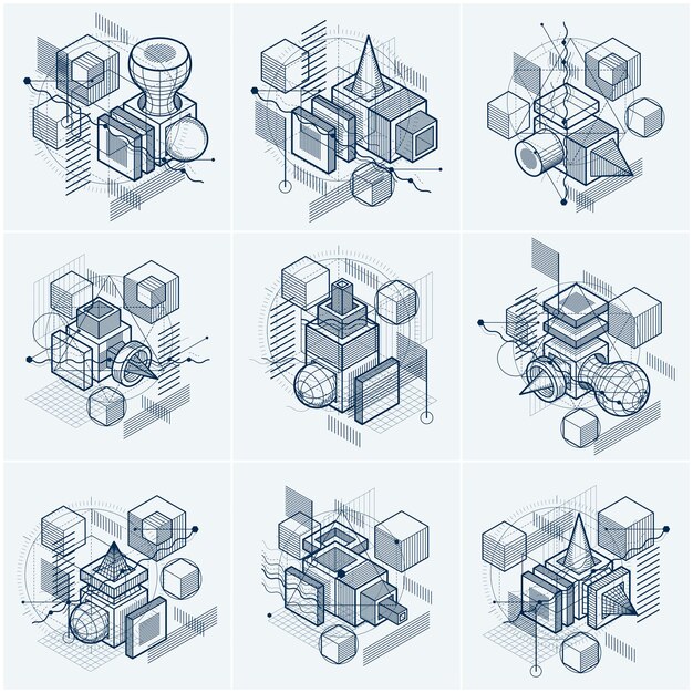 Abstract designs with 3d linear mesh shapes and figures, vector isometric backgrounds. Cubes, hexagons, squares, rectangles and different abstract elements. Vector collection.