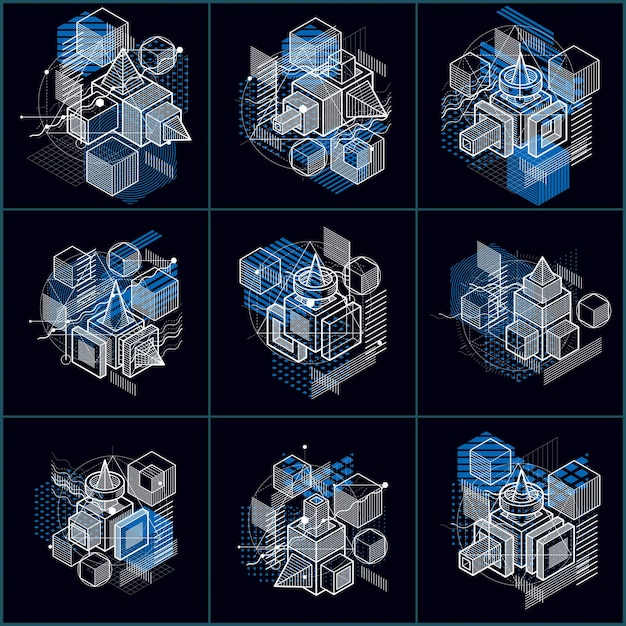 Abstract designs with 3d linear mesh shapes and figures, vector isometric backgrounds. Cubes, hexagons, squares, rectangles and different abstract elements. Vector collection.