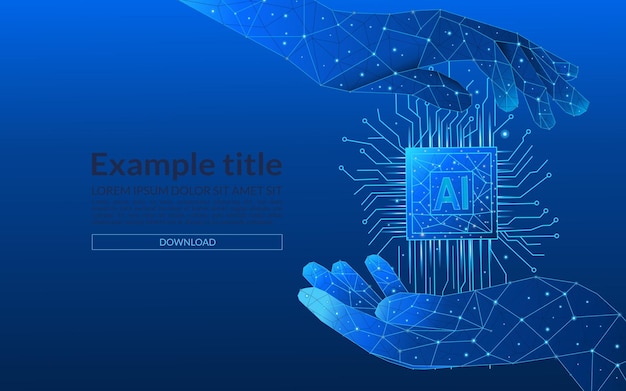 Abstract digital AI chip between human palms low poly blue technology Artificial intelligence