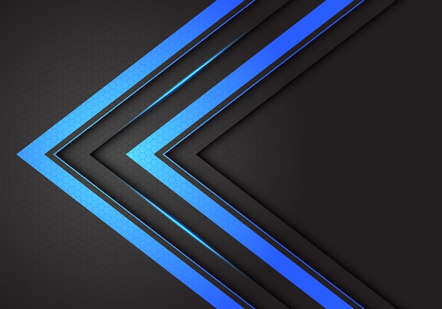 Abstract double blue light arrow direction on dark grey hexagon mesh background.