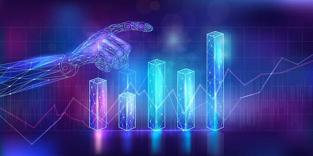 abstract financial infographics with polygonal graphic charts and a robot hand