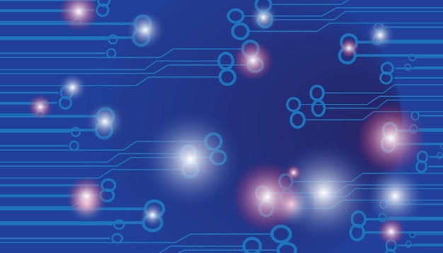 Abstract futuristic technology network background with glowing blue lines and nodes on dark background connecting geometric shapes and data points for innovation concepts