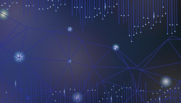 Abstract futuristic technology network background with glowing blue lines and nodes on dark background connecting geometric shapes and data points for innovation concepts