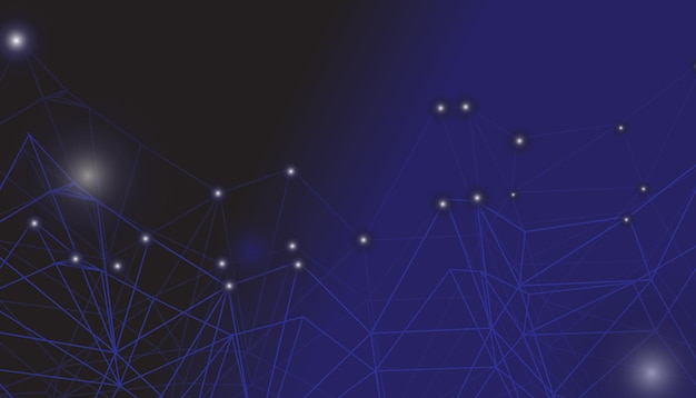 Abstract futuristic technology network background with glowing blue lines and nodes on dark background connecting geometric shapes and data points for innovation concepts