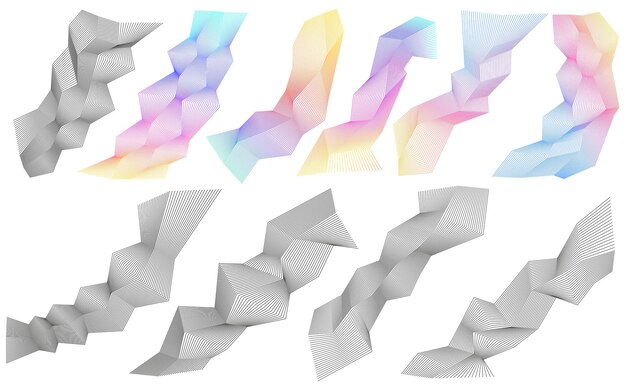 Abstract geometric design elements set with gradient and black line shapes Modern 3D wireframe forms for digital design data visualization technology backgrounds and creative minimal compositions