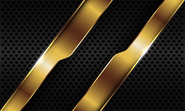 Abstract gold geometric line slash overlap on black metallic circle mesh background.