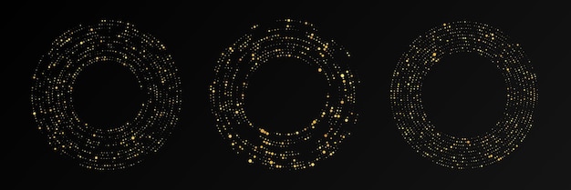 abstract gold glowing halftone dotted background set of three gold glitter patterns in circle form