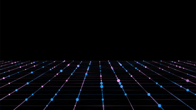 Abstract grid with blue light on black background Science background with moving dots and lines Network connection technology Digital structure with particles Vector illustration