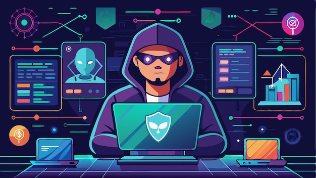Abstract Hacker Behind the Monitor Hologram with Programmer Code Vector Illustration Design