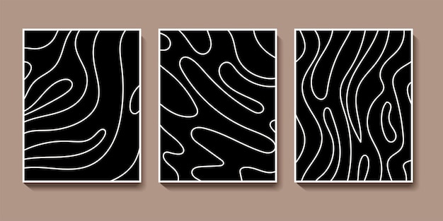 Abstract hand drawn curve line pattern posters set. Minimalist black and white cover design. Vector