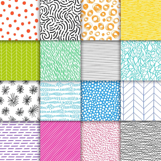 abstract hand drawn geometric simple minimalistic seamless patterns set polka dot stripes waves