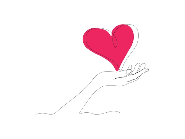 Abstract hand with heart love continuous one line art hand drawing sketch