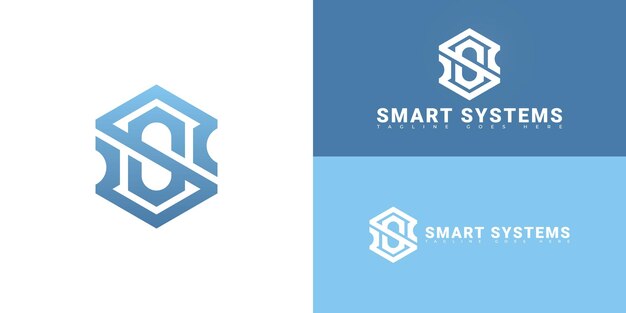 Abstract hexagon initial letter S or SS in blue color isolated on multiple background colors