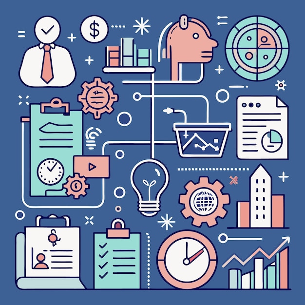 Abstract illustration of business strategy with icons representing planning finance marketing technology and success