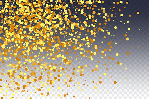 abstract iridescent birthday card. vector round bokeh. random bridal backdrop. foil border. gold confetti on transparent background. isolated golden dust particles. geometric anniversary backdrop.