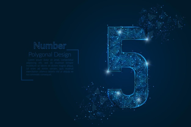 Abstract isolated blue image of a number five Polygonal illustration looks like stars in the blask night sky in spase or flying glass shards Digital design for website web internet
