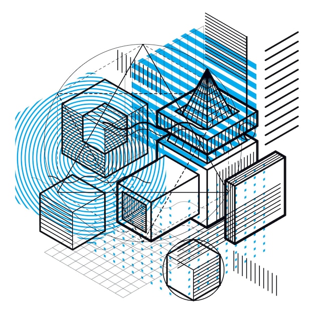 abstract isometrics background, 3d vector layout. composition of cubes, hexagons, squares, rectangles and different abstract elements.