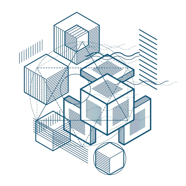 Abstract isometrics background, 3d vector layout. Composition of cubes, hexagons, squares, rectangles and different abstract elements.