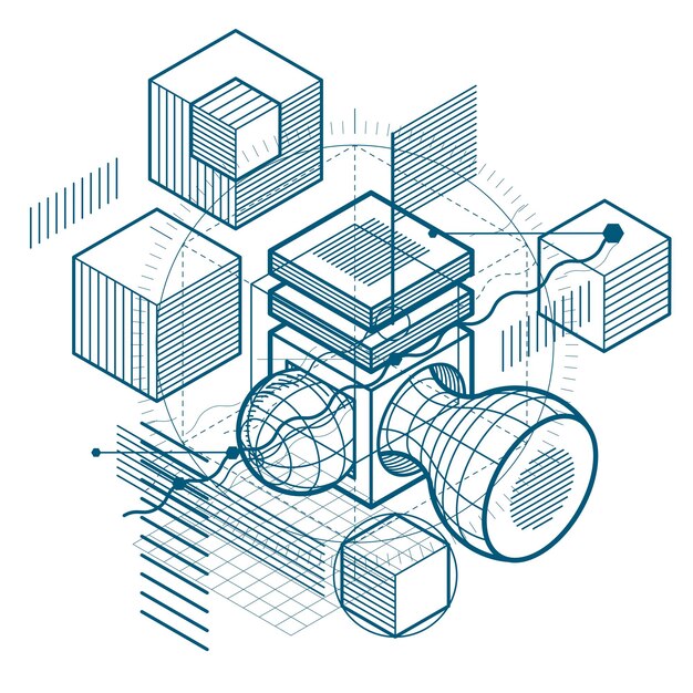 Abstract isometrics background, 3d vector layout. Composition of cubes, hexagons, squares, rectangles and different abstract elements.