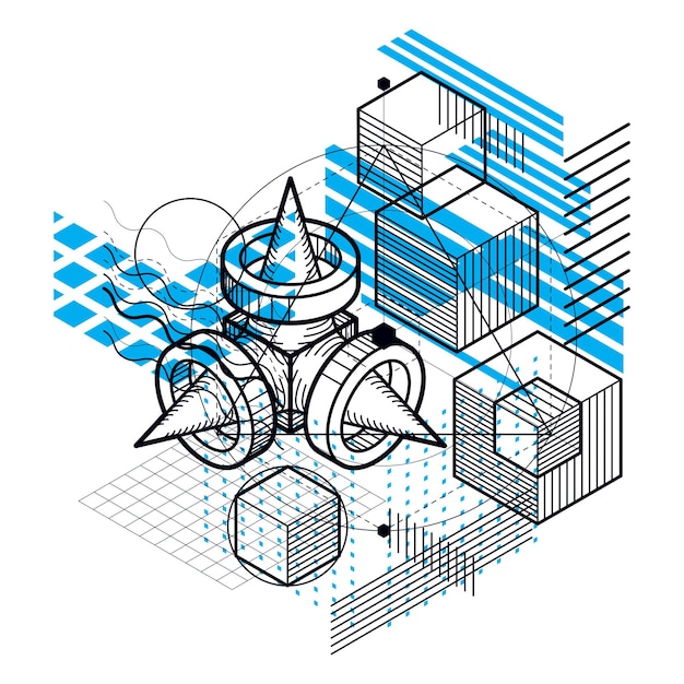 Abstract isometrics background, 3d vector layout. Composition of cubes, hexagons, squares, rectangles and different abstract elements.