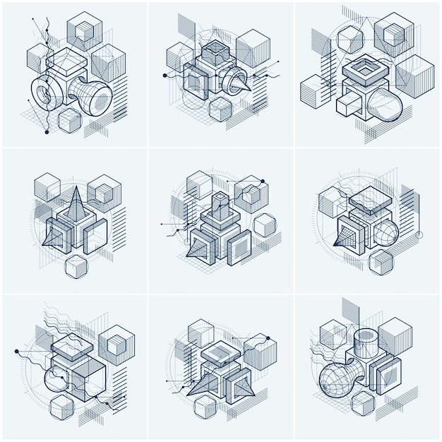Abstract isometrics backgrounds, 3d vector layout. Compositions of cubes, hexagons, squares, rectangles and different abstract elements. Vector collection.