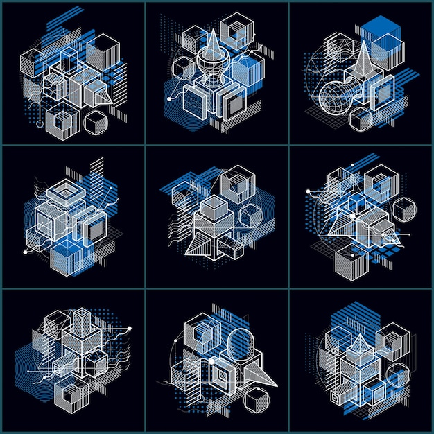 Abstract isometrics backgrounds, 3d vector layout. Compositions of cubes, hexagons, squares, rectangles and different abstract elements. Vector collection.