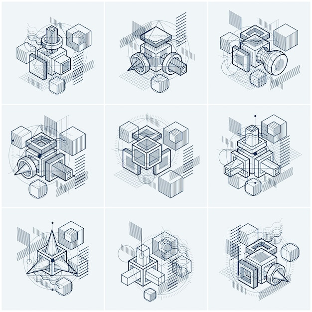 Abstract isometrics backgrounds, 3d vector layout. Compositions of cubes, hexagons, squares, rectangles and different abstract elements. Vector collection.