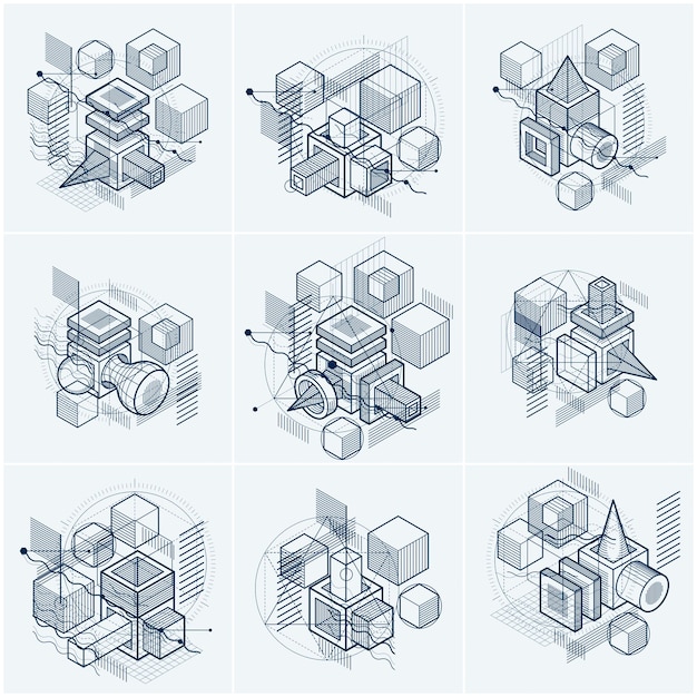 Abstract isometrics backgrounds, 3d vector layout. Compositions of cubes, hexagons, squares, rectangles and different abstract elements. Vector collection.