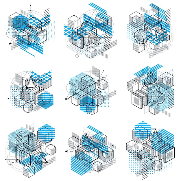 Abstract isometrics backgrounds, 3d vector layout. Compositions of cubes, hexagons, squares, rectangles and different abstract elements. Vector collection.
