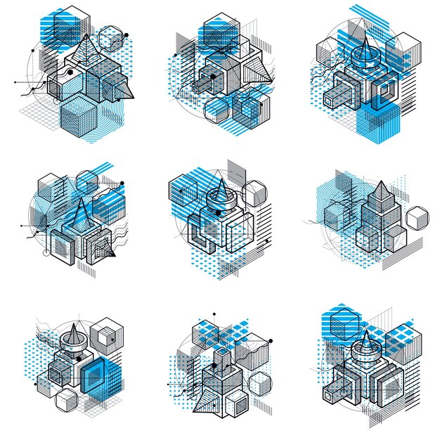 Abstract isometrics backgrounds, 3d vector layout. Compositions of cubes, hexagons, squares, rectangles and different abstract elements. Vector collection.
