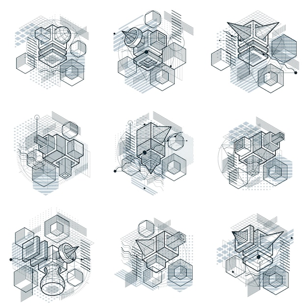 Abstract isometrics backgrounds, 3d vector layout. Compositions of cubes, hexagons, squares, rectangles and different abstract elements. Vector collection.