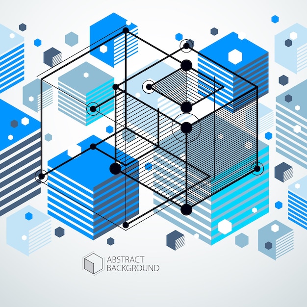 Abstract modern retro blue 3D background, geometric futuristic shapes vector illustration. Abstract scheme of engine or engineering mechanism.
