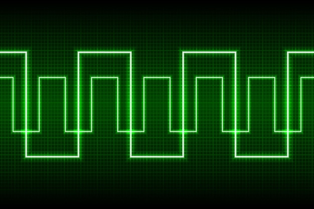 Abstract neon green broken line pattern on dark oscilloscope digital screen