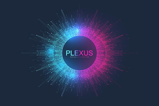 Abstract plexus background with dynamic particles. Plexus stream background with fractal elements. Deep learning artificial intelligence. Big data algorithm visualization. Digital vector illustration.