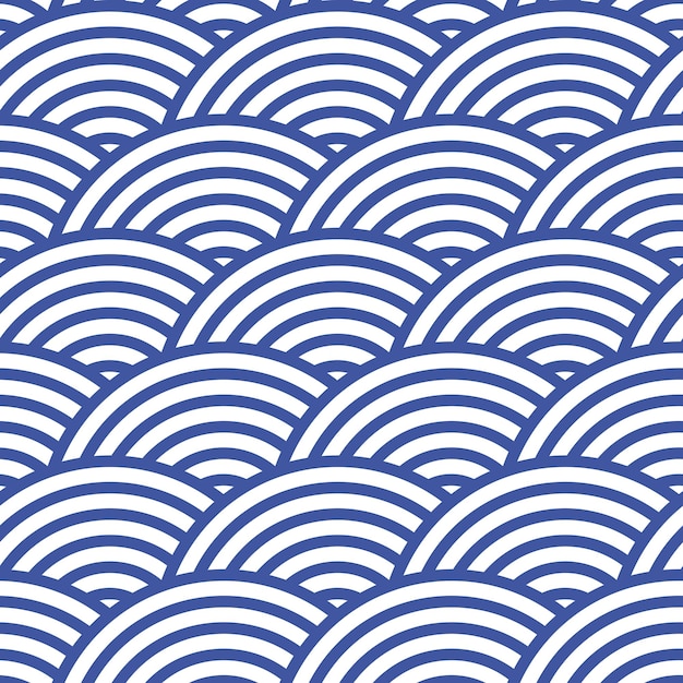 Abstract seamless pattern in eastern asian style Japanese wave blue ornament on white background