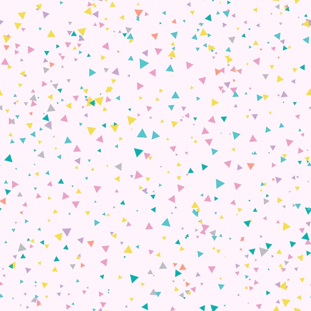 Abstract seamless pattern with chaotic small triangles on pink background.
