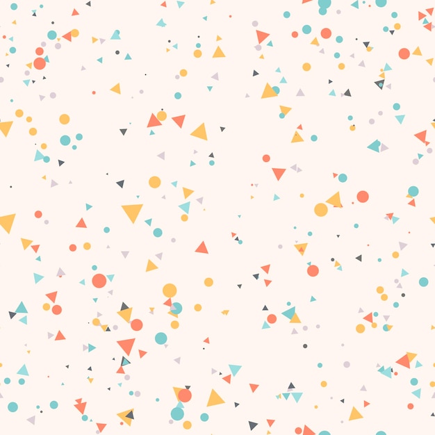Abstract seamless pattern with colorful blue, gray, yellow, chaotic small circles and triangles