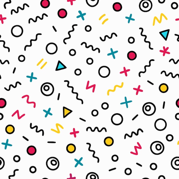 Abstract seamless pattern with colorful geometric shapes and doodles