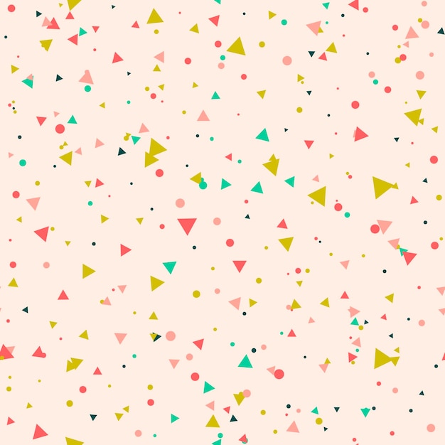 Abstract seamless pattern with colorful green, red, yellow chaotic small circles and triangles