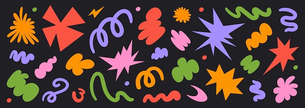 Abstract set colorful retro groovy shapes on a black background Trendy geometric cosmic form