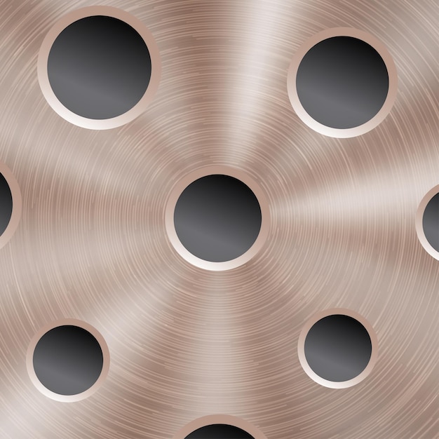 Abstract shiny metal background in bronze color with circular brushed texture and round holes