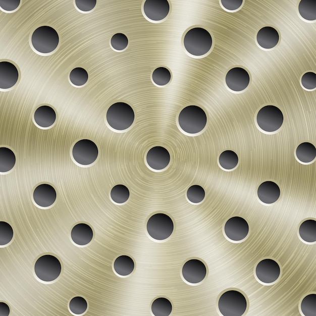 abstract shiny metal background in golden color with circular brushed texture and round holes