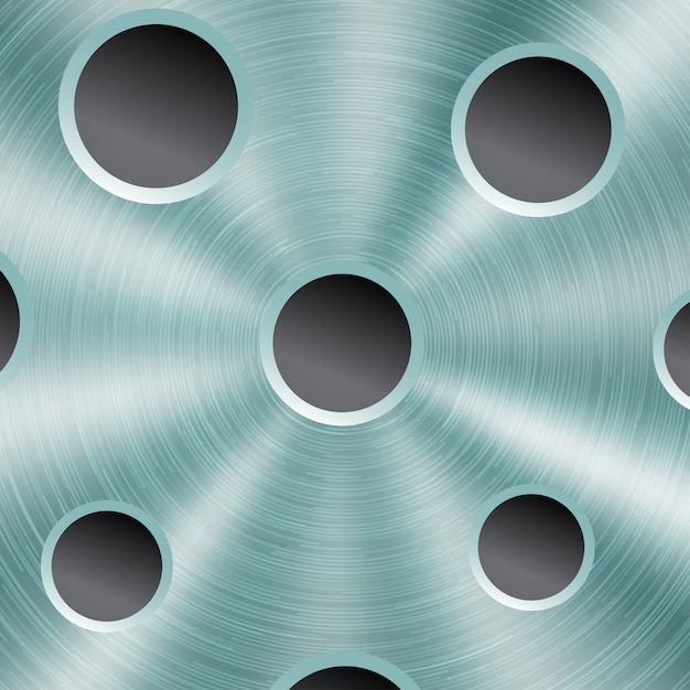 Abstract shiny metal background in light blue color with circular brushed texture and round holes