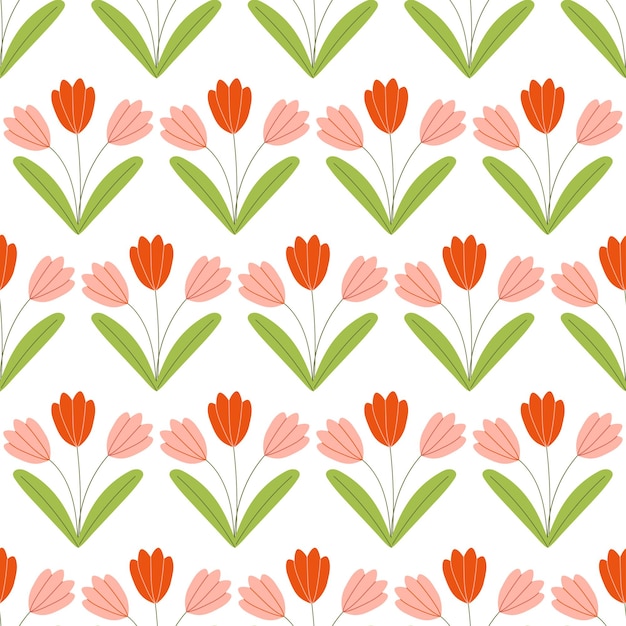 Abstract square seamless patterns with red and pink tulip flower Retro background design