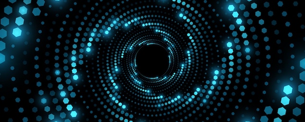 Abstract swirling circles of glowing blue hexagons Big Data visualization into cyberspace Vortex pattern of honeycombs with light effect Futuristic background Vector