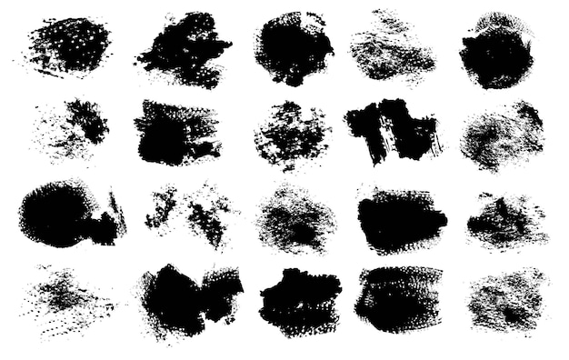 Abstract textured strokes and prints thick black gouache paint big set isolated on a white background