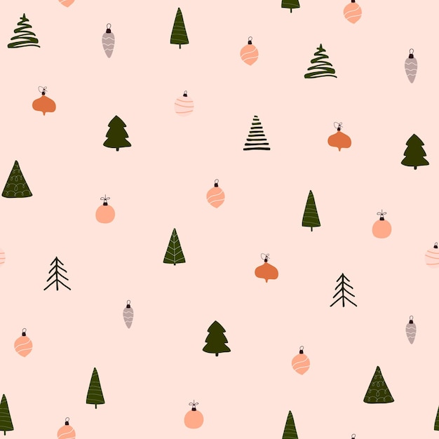 Abstract trendy christmas new year winter holiday seamless pattern with xmas trees balls