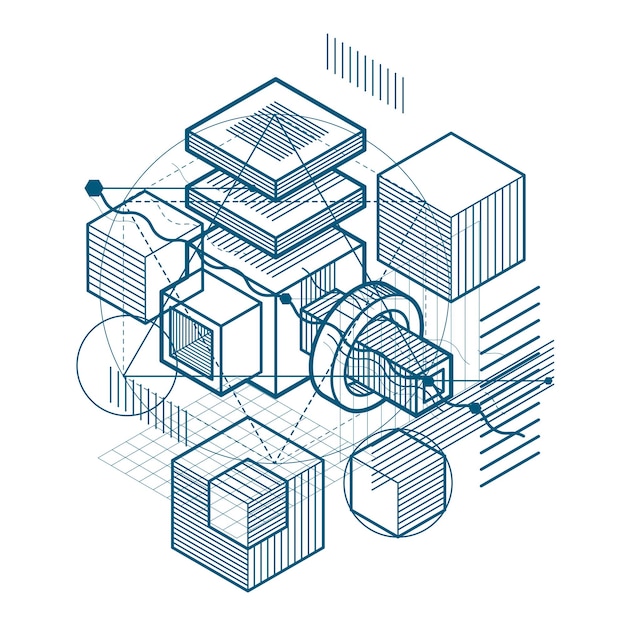 Abstract vector background with isometric lines and shapes. Cubes, hexagons, squares, rectangles and different abstract elements.